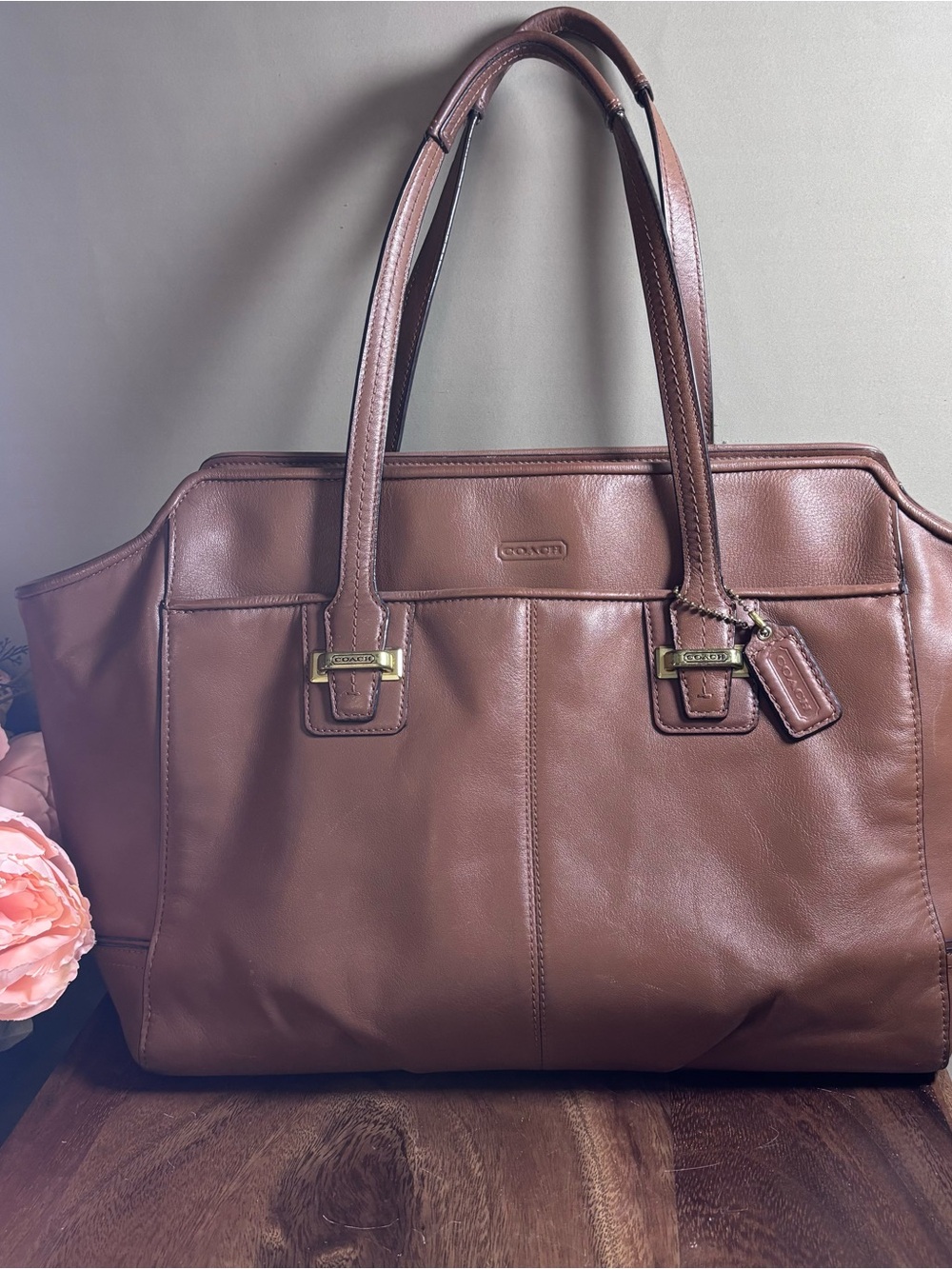Coach Cognac Leather Tote with Gold Hardware
